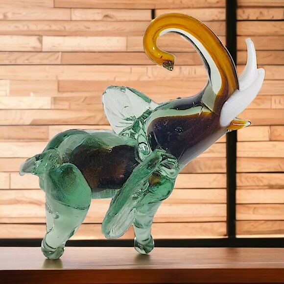 Murano Handblown Green Glass Elephant Figure W/Good Luck White Upward Tusk - Picture 2 of 16